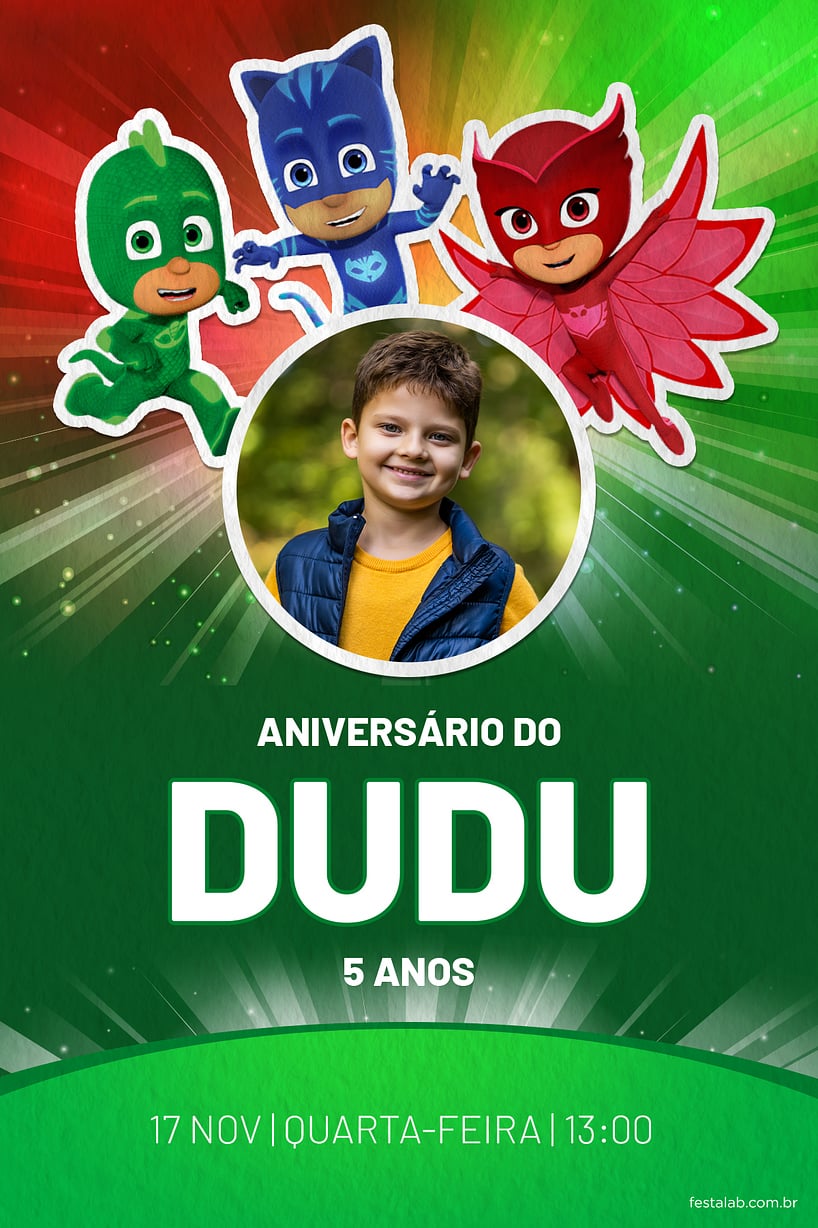 Convite de Aniversario - PJ Mask - Herois verde